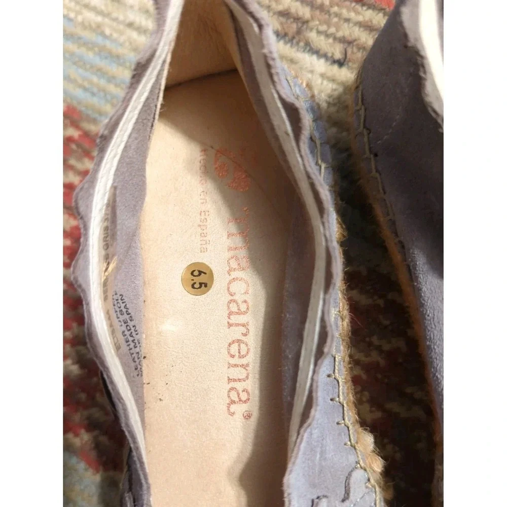 Macarena NWOB Gray Suede Scalloped Espadrille Shoe 37 US 6.5 Jute Hand Sewn Grey